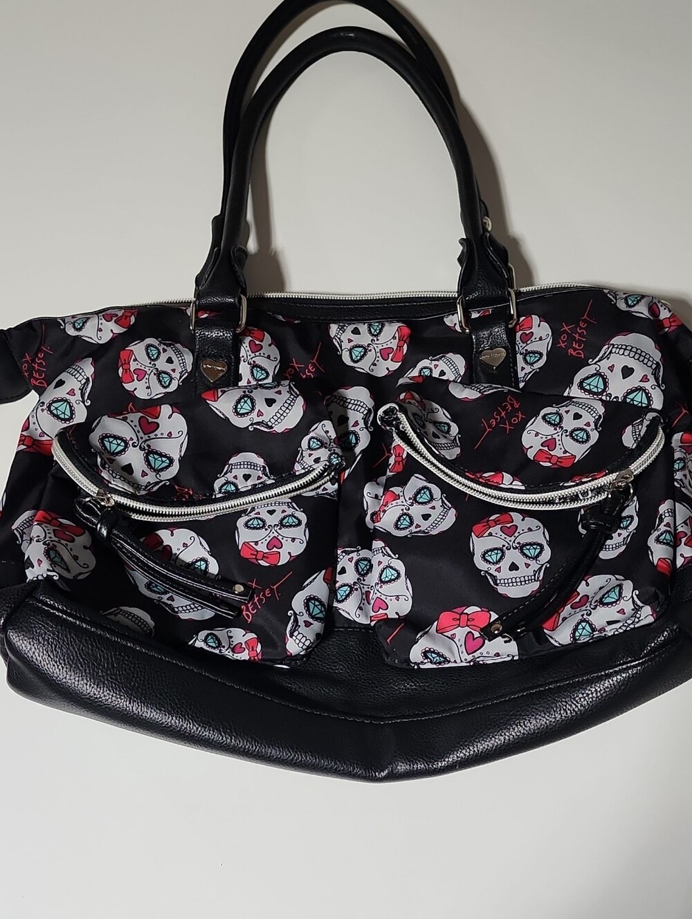 Betsey Johnson Black Tote with White Skull Print and Pink Accents